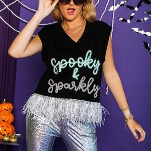 Spooky & sparkly Queen of Sparkles sweater feather tank